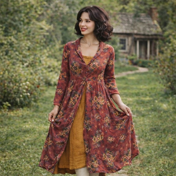 April Cornell Sweaters - April Cornell The Dutchess Duster Wool Red Floral Size XXL